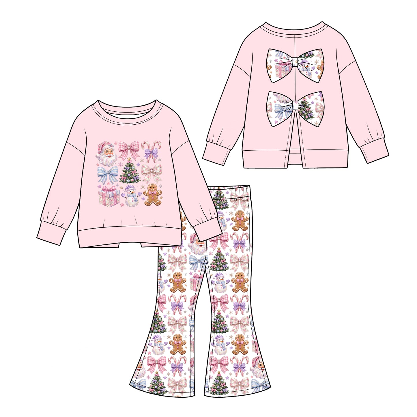 (Custom Design Preorder MOQ 5) Pink Backless Bows Top Santa Gingerbread Bows Bell Pants Girls Christmas Clothes Set