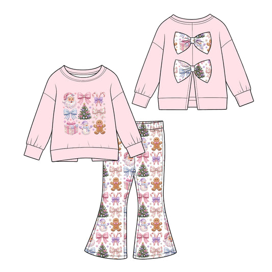 (Custom Design Preorder MOQ 5) Pink Backless Bows Top Santa Gingerbread Bows Bell Pants Girls Christmas Clothes Set