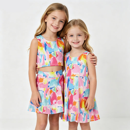 Toddler Girls Sibling Watercolor Tie Dye Sleeveless Crop Top & Skort Set Summer Activewear