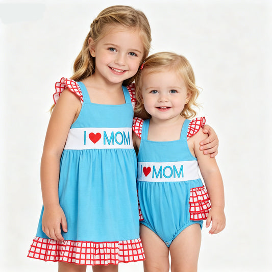 Sibling Toddler Girls  I Love Mom Flutter Sleeve Dress and Bubble Romper