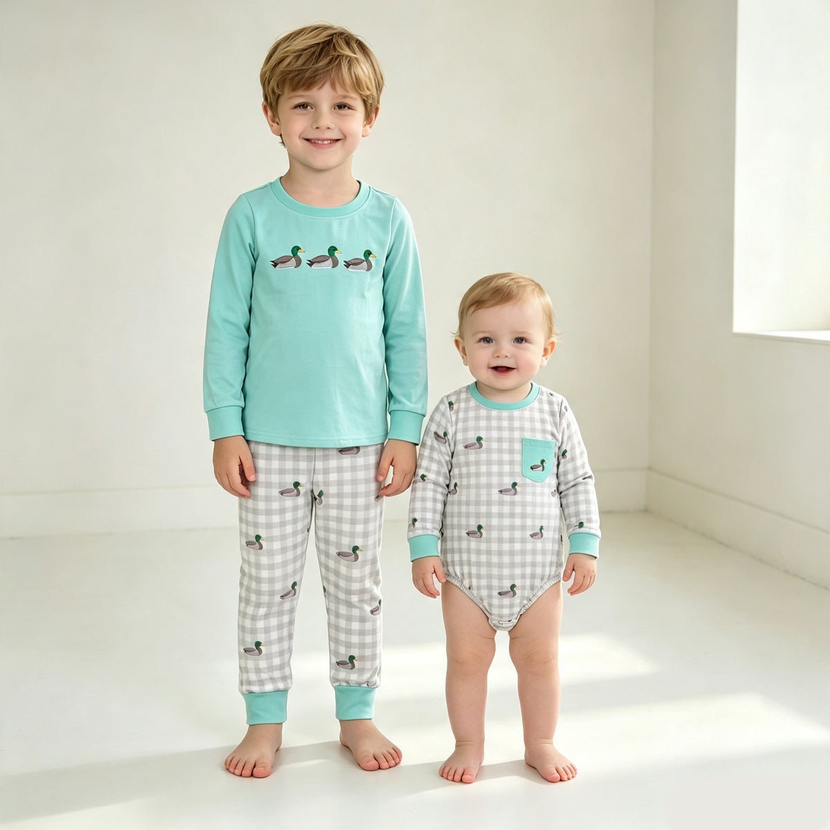 Sibling Baby Boys Embroidery Ducks Top Checked Pockets Jogger Hunting Set Rompers