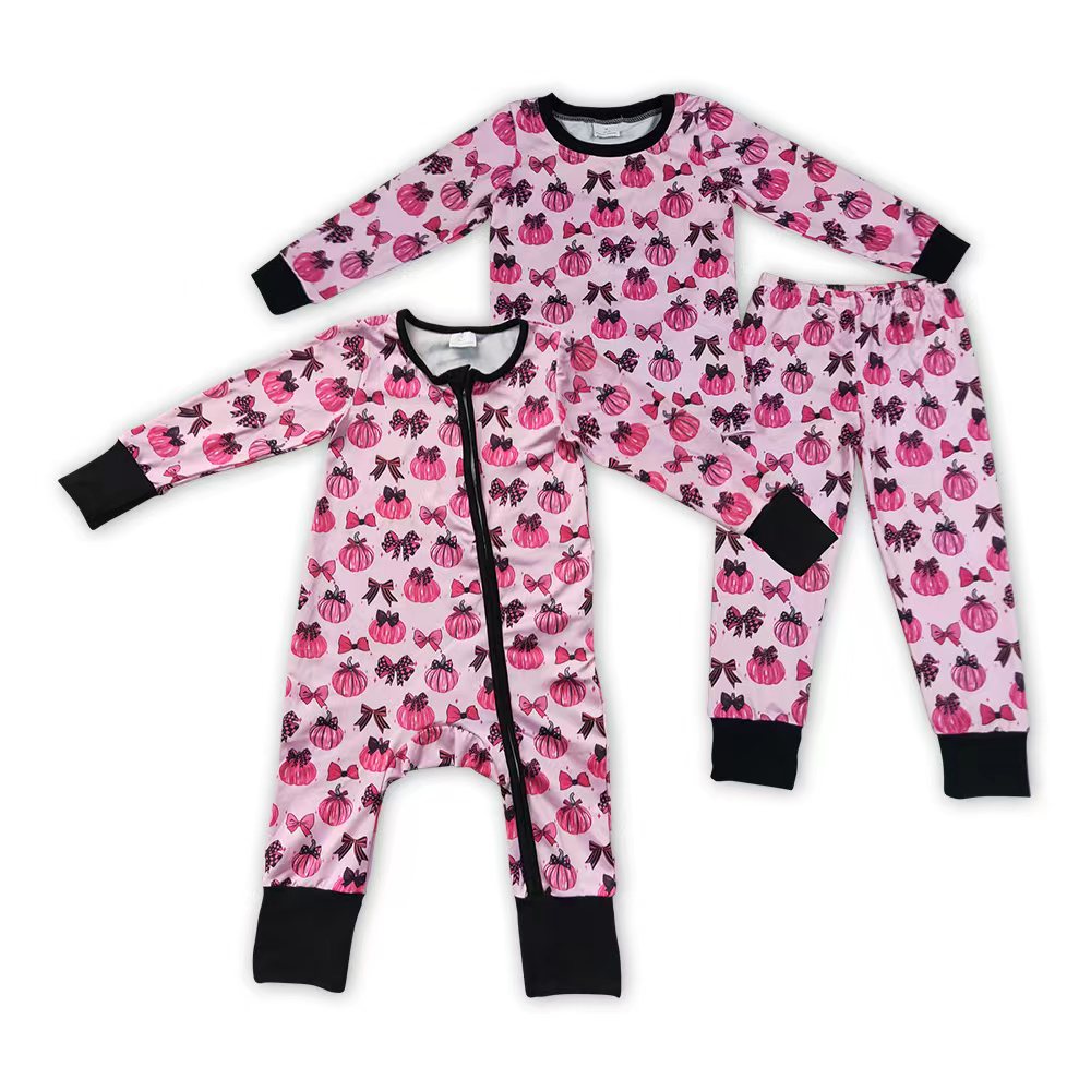 Sibling Baby Girls Pink Pumpkin Tree Top Pants Pajamas Clothes Sets Zipper Romper