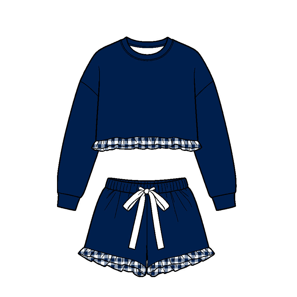 (Custom Design Preorder MOQ 5 Each)Teams Blank Long Sleeve Top Shorts Girls Ruffle Clothes Set Sisters Wear