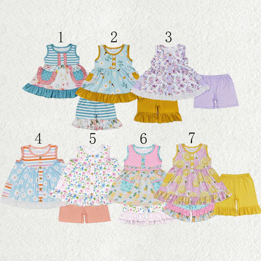 Sibling Baby Girls Sleeveless Bows Lemons Pockets Button Tunic Ruffle Shorts Outfit