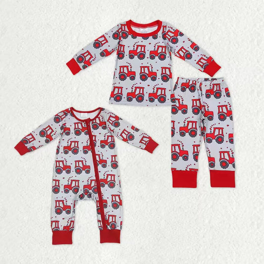 Sibling Baby Boys Valentine Heart Trucks Top with Pants Pajama Set Zipper Romper