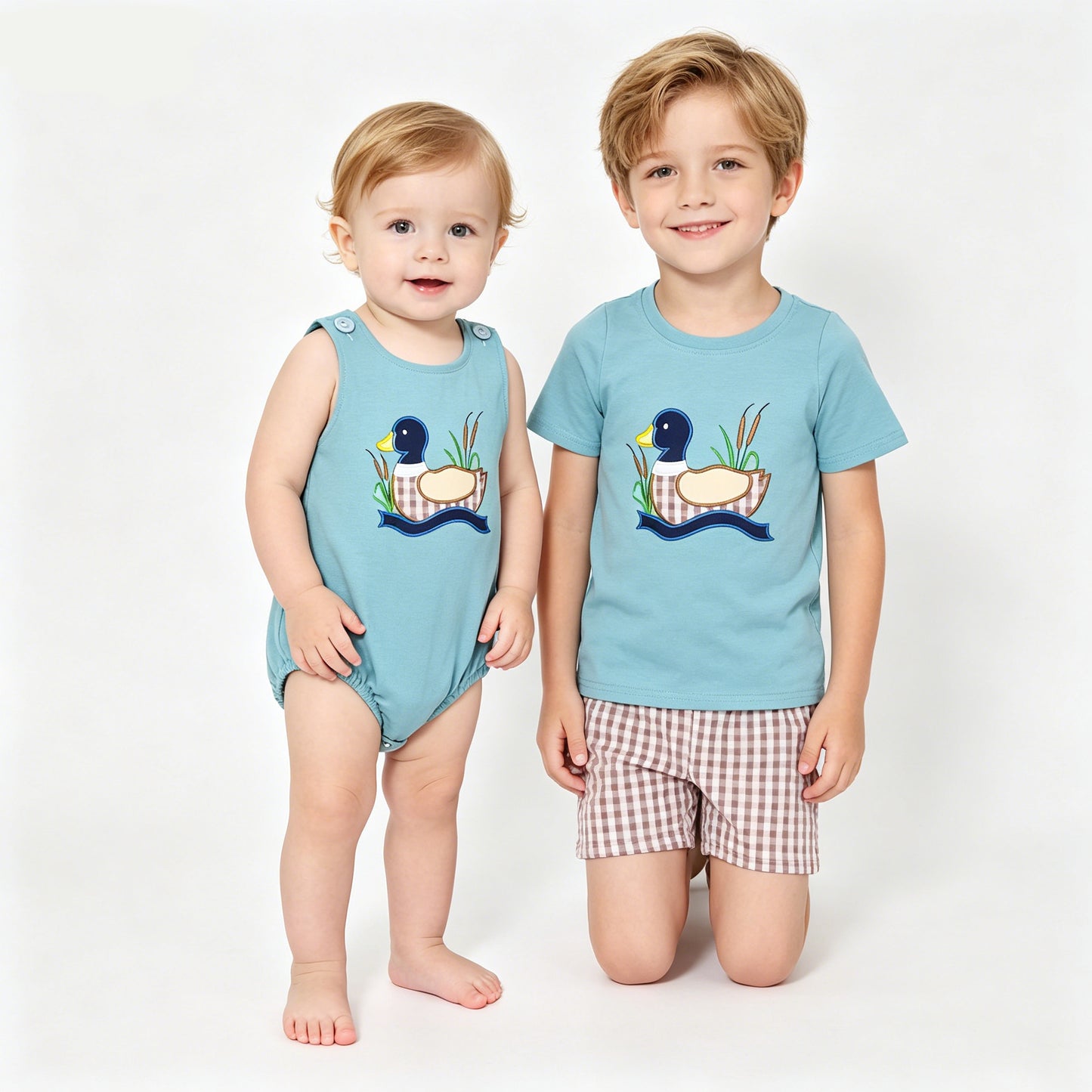 Sibling Baby Boys Embroidery Mallard Duck Top Short  Sets Rompers