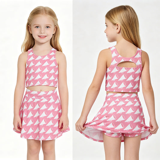 Girls Pink Megaphone Cheer Active Outfit - Crop Top & Skort Set