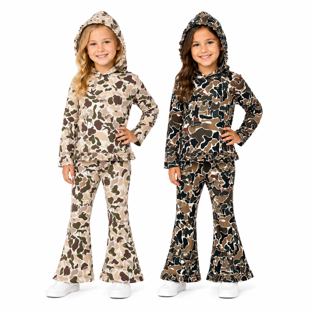 Sibling Kids Girls  Hunting Camo Ruffle Hoodie Top with Bell Bottom Pants Outfit