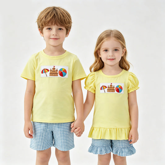 Sibling Umbrella Beach Embroidery Yellow Boys Baby Girls Summer shorts sets