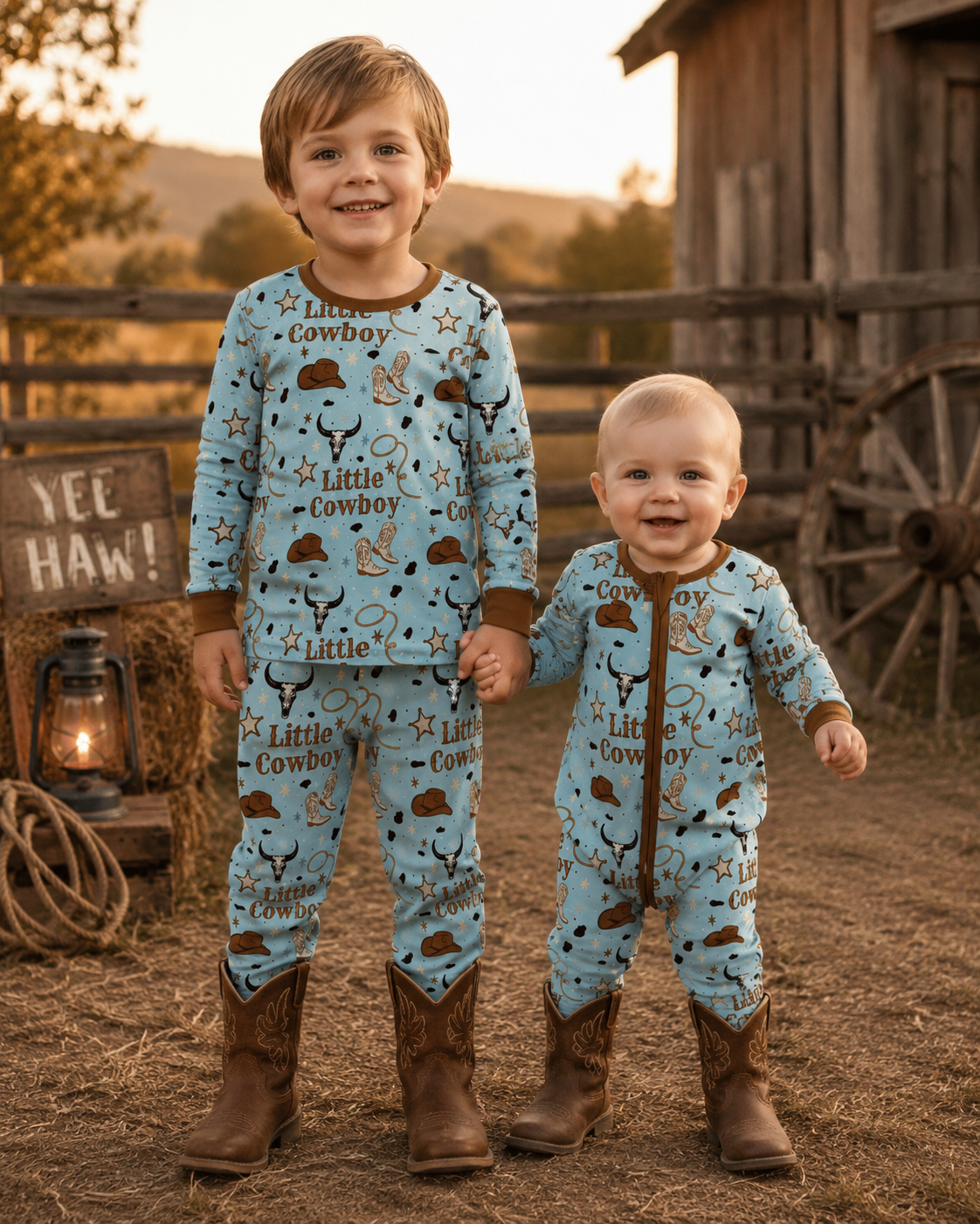 Little Cowboy Howdy Long Sleeve Pajama Set +Zipper Romper For Sibling Baby Boys