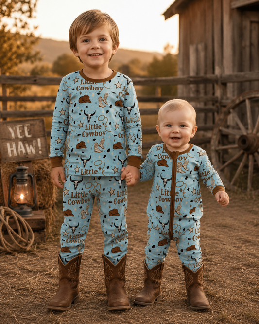 Little Cowboy Howdy Long Sleeve Pajama Set +Zipper Romper For Sibling Baby Boys