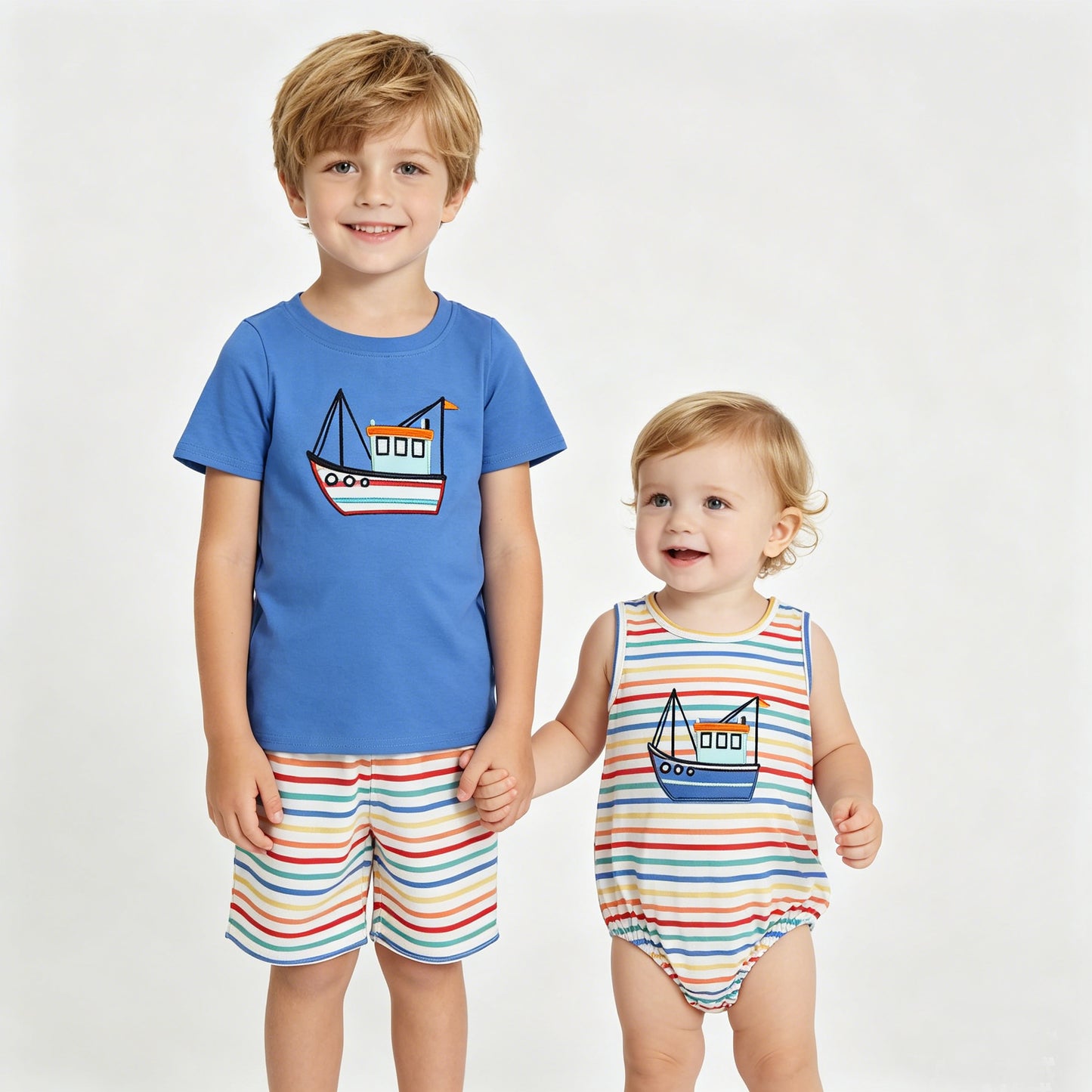 Sibling Baby Boys Embroidery Boats Colorful Stripe Top Shorts Clothes Set Rompers