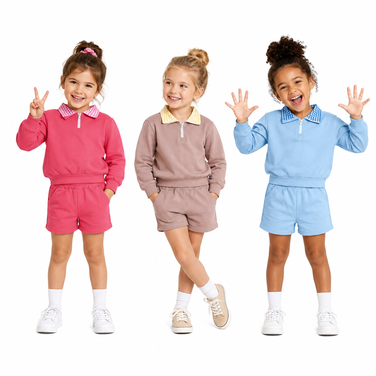 Sibling  Baby Girl Gingham Neckline Zipper Pullover Top Pocket Shorts Outfit