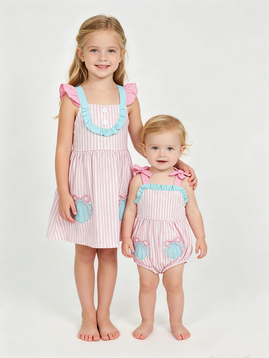 Sibling Matching Beach Outfit | Pink Stripe Shell Embroidery Dress & Romper Set