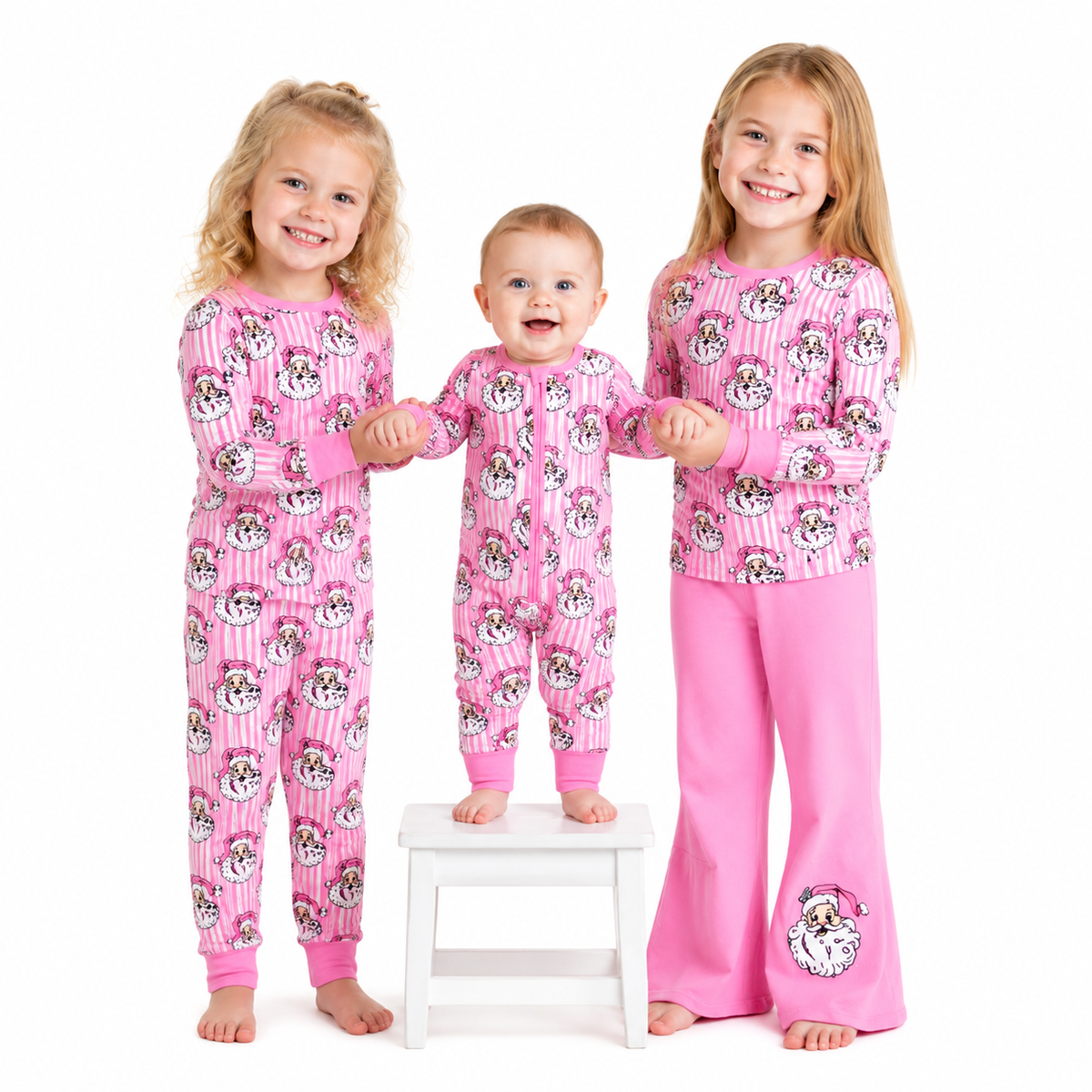 Sibling Baby Girls  Christmas Santa Pink Striped Outfit and Romper