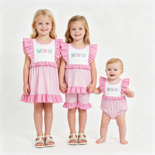 Baby Girls Sibling Crabs Pink Summer Sibling Rompers Dresses Clothes Sets