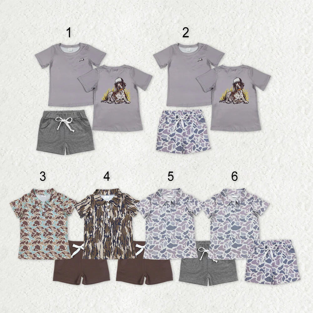 Sibling Baby Boys Camo Dog Print Button Shirts Pockets Short Outfit