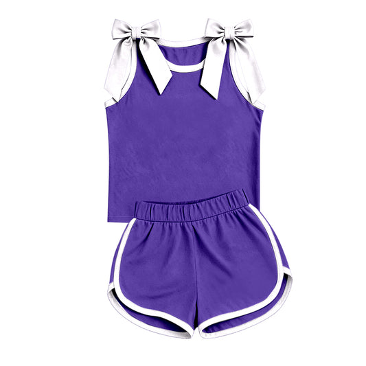 (Custom Design Preorder MOQ 5) Teams White Bows Purple Vest Top Shorts Mommy and Me Summer Cotton Clothes Set