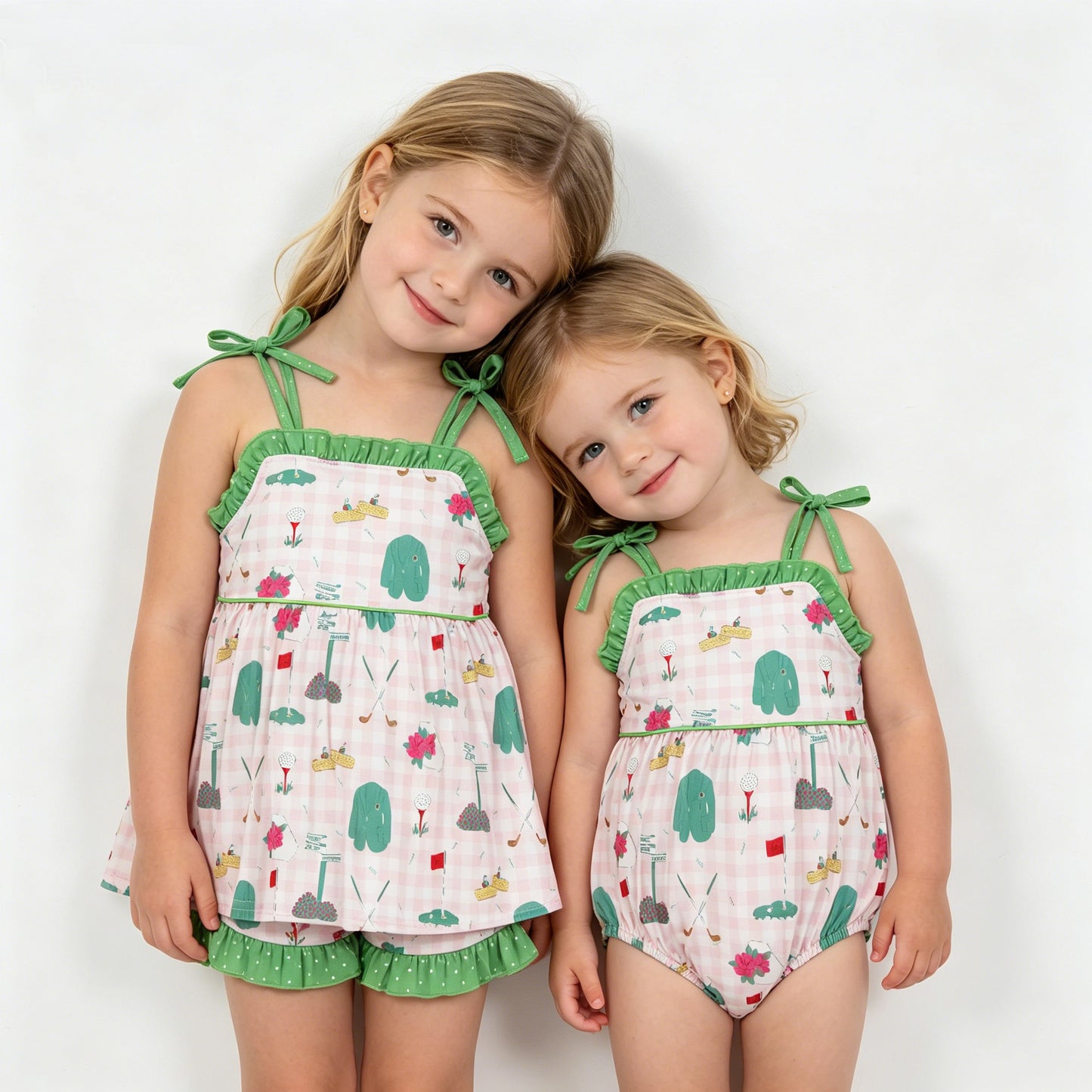 Sibling Baby Girls Strap Pink Checked Flower Golf Tunic Ruffle Shorts Clothes Set Rompers