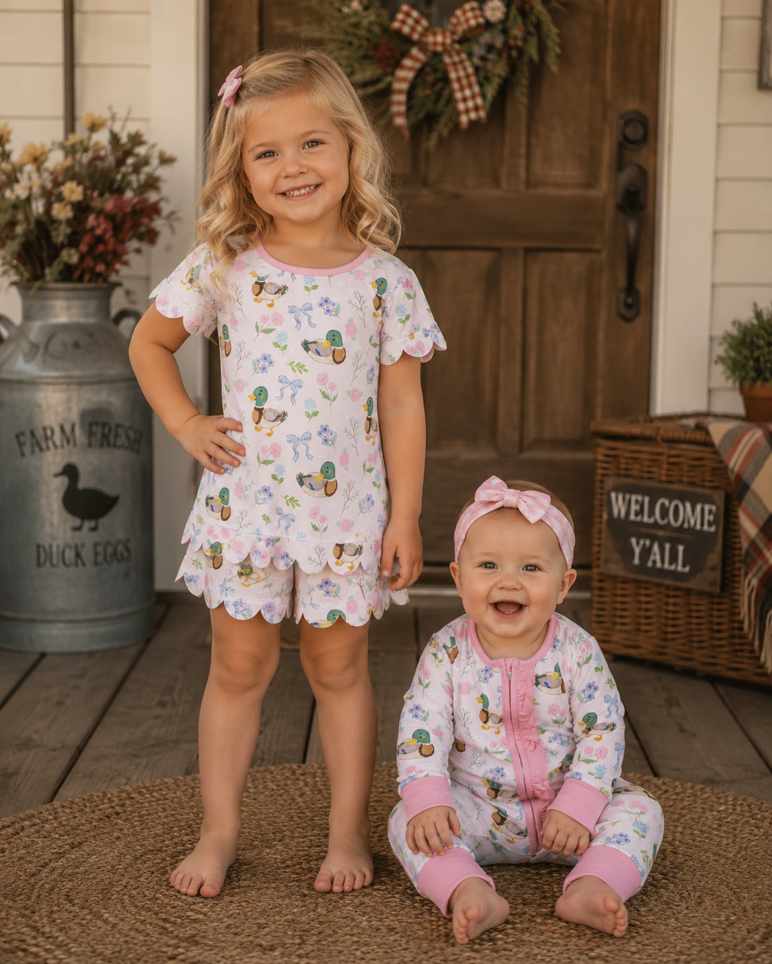 Sibling Baby Girls Flowers Bows Ducks Pink Scallop Shorts Set Zipper Romper