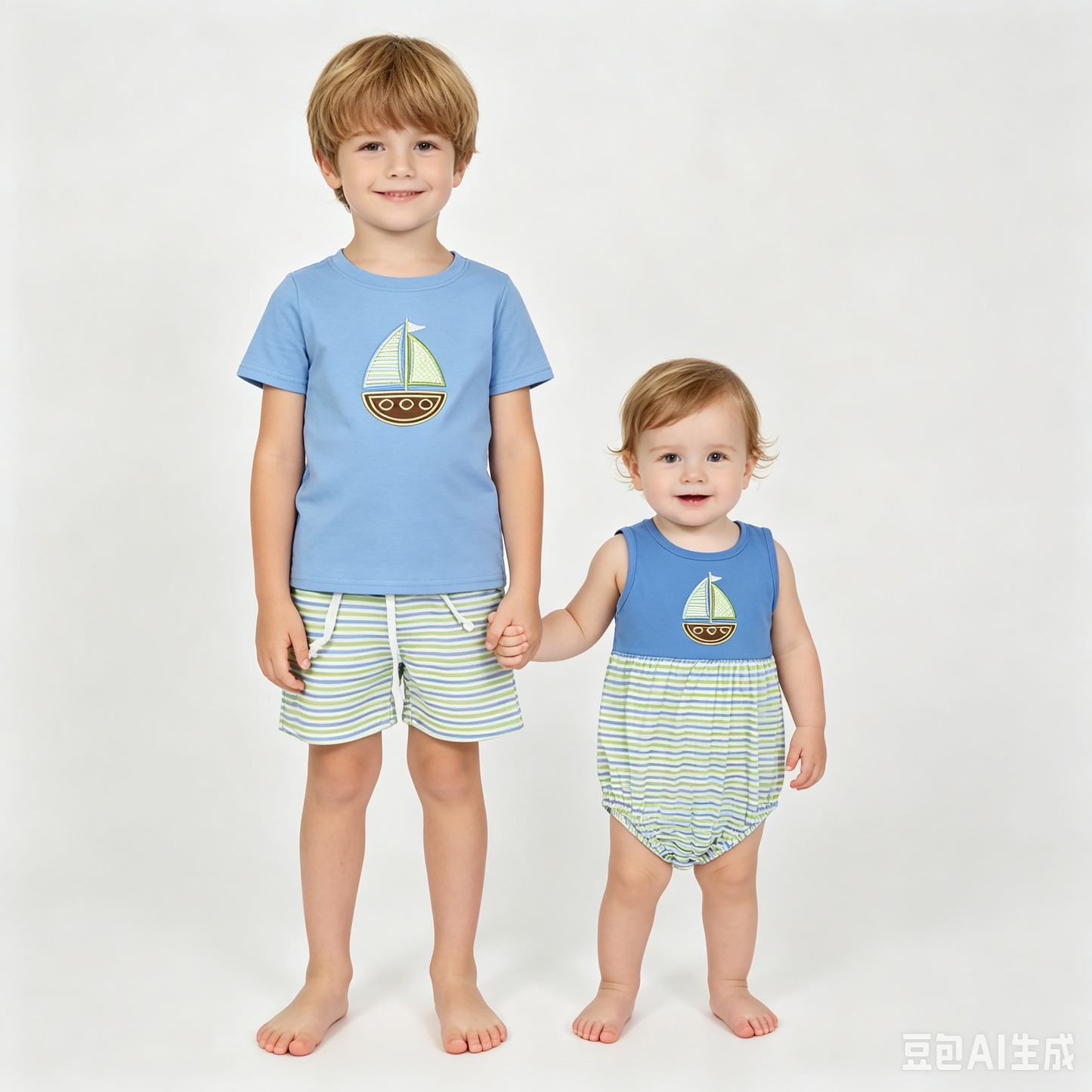 Sibling Baby Embroidery Sailboat Striped Shorts Outfit Romper