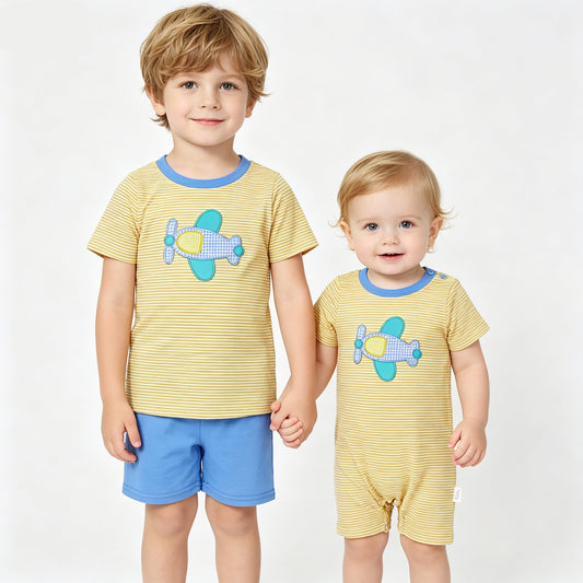 Baby Boys Plane Sibling Brother Summer Rompers Clothes Sets