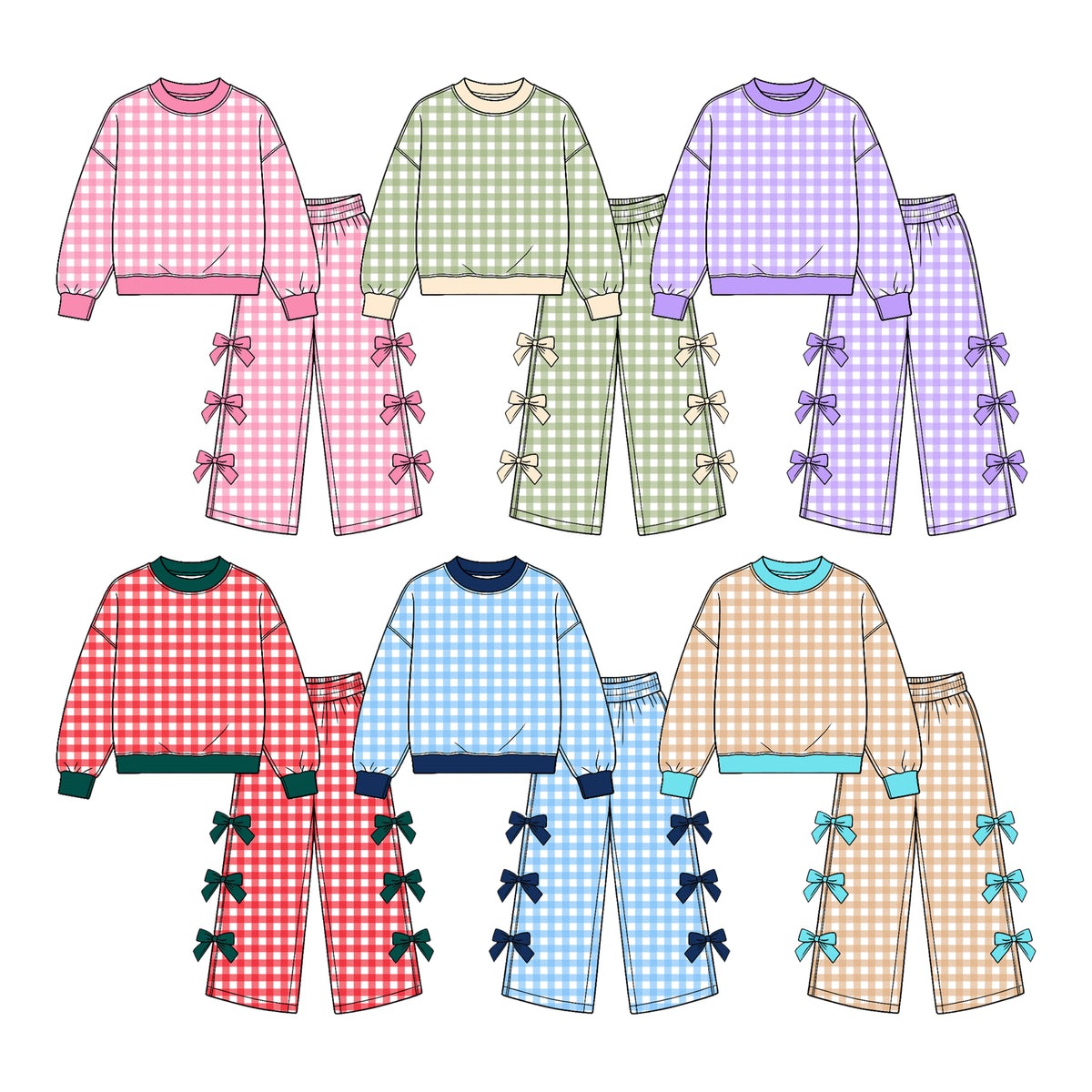 (Custom Design Preorder MOQ 5 Each) Checkered Print Long Sleeve Top Wide Leg Pants with Side Bows Girls Clothes Set Sisters Wear