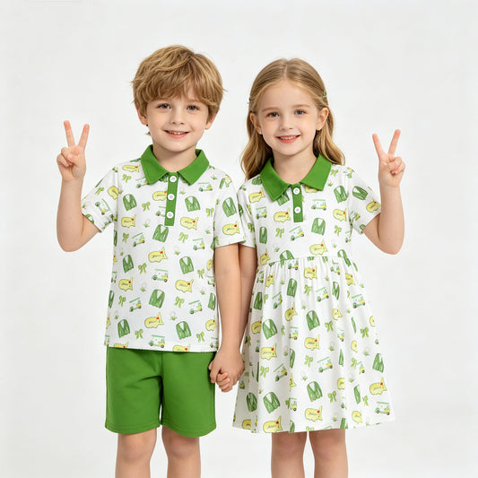 Sibling Baby Boys Girls Green Golf Bows Button Shirt Short Clothes Set Knee Length Dresses