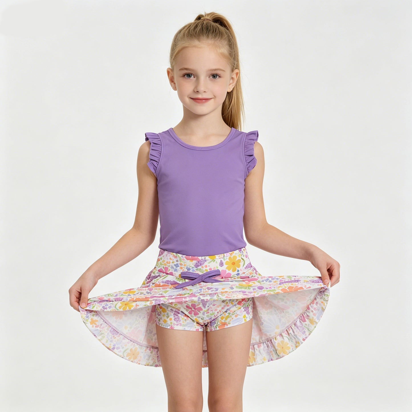 Toddler Active Outfit Purple Tank Top with Floral Skort Yoga Set