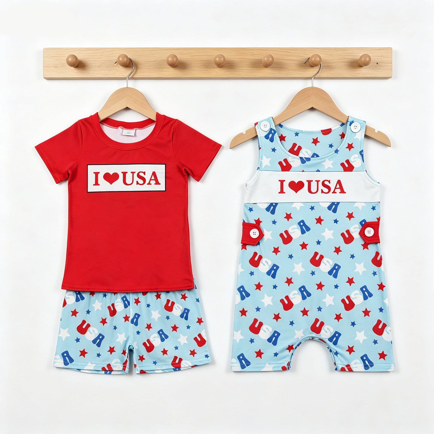 Sibling 4th of July Boys Outfits - "I Love USA" Print Shirt Set & Romper
