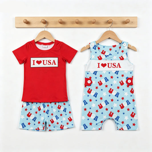Sibling 4th of July Boys Outfits - "I Love USA" Print Shirt Set & Romper