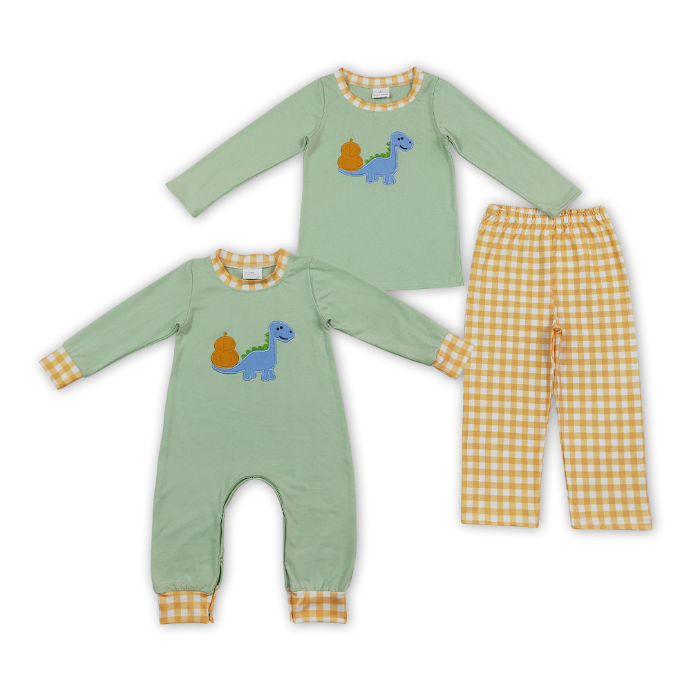 Sibling Baby Boys Embroidery Dinosaur Pumpkin Outfit and Romper
