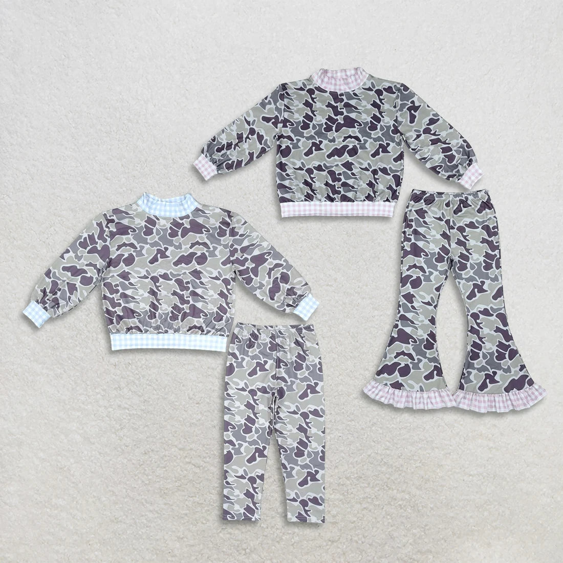 Sibling Kids Girls Boys Camo Gingham Trim Long Sleeve Pants Outfit