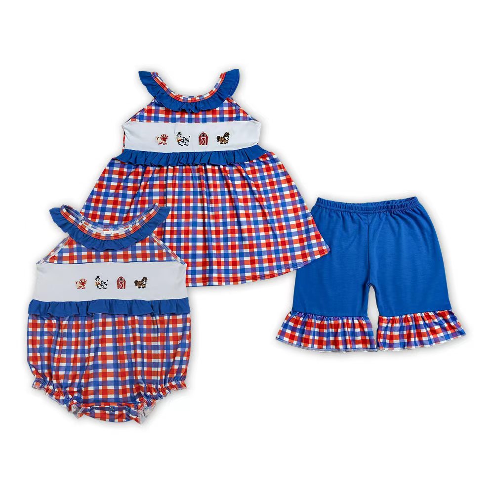 Sibling Baby Girls Farm Embroidery Animal Shorts Outfit Bubble Romper