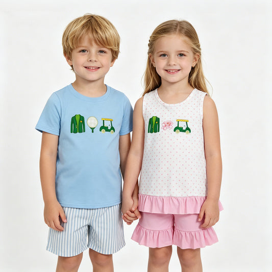 Sibling Baby Boys Girls Embroidery Golf Trucks Top Shorts Clothes Sets