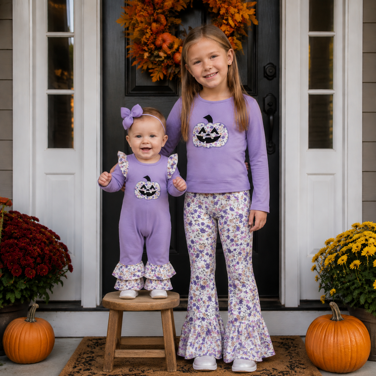 Sibling Baby Girls  Embroidery Pumpkin Face Purple Top Floral Pants Outfit and Romper