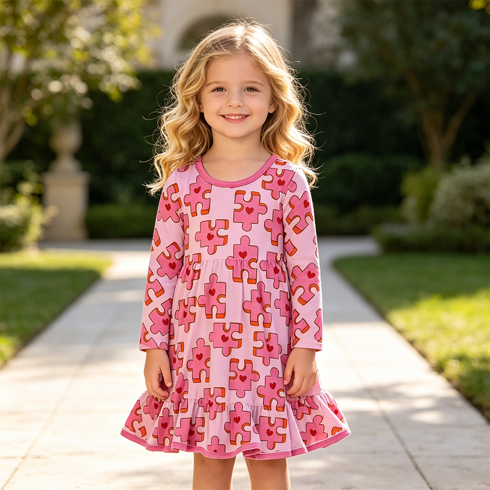 (Custom Design Preorder MOQ 5)  Pink Puzzle Heart Print Girls Valentine's Day Dress
