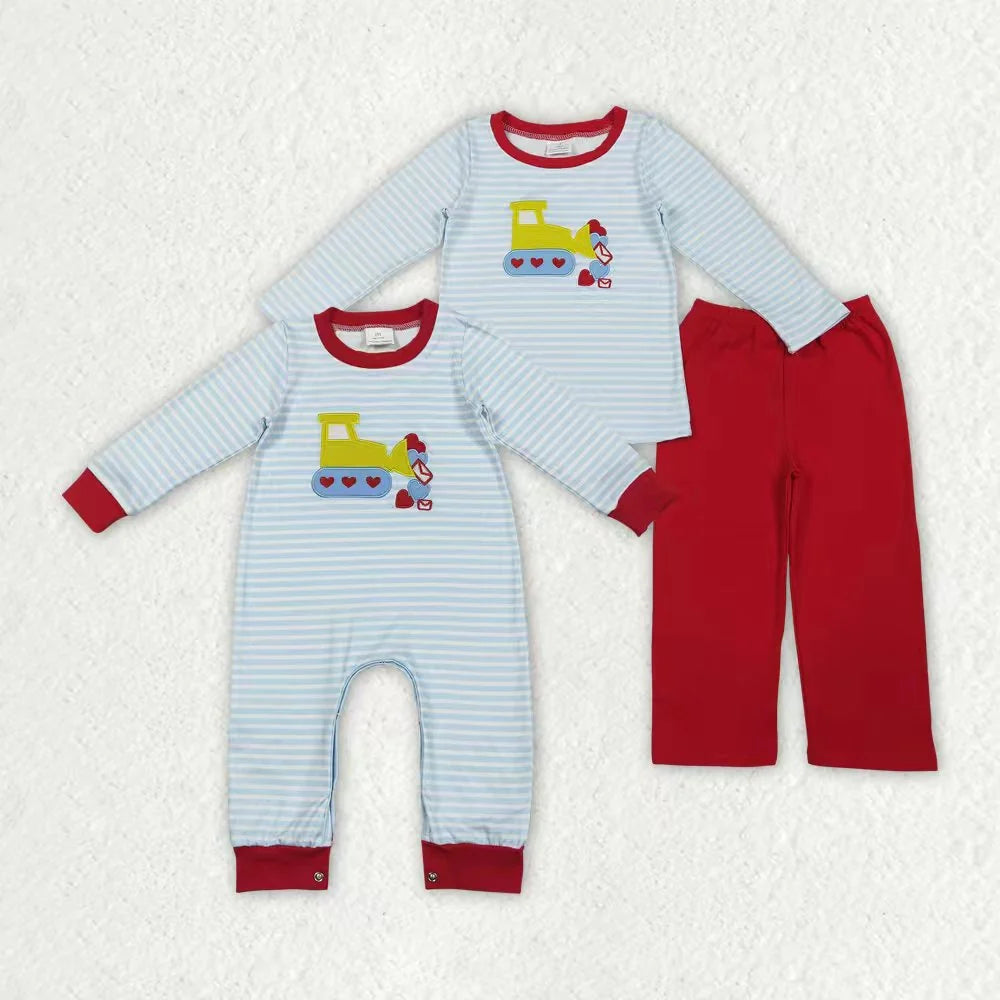 Sibling Baby Boys Embroidery Heart Excavators Blue Striped Valentines Outfit Romper