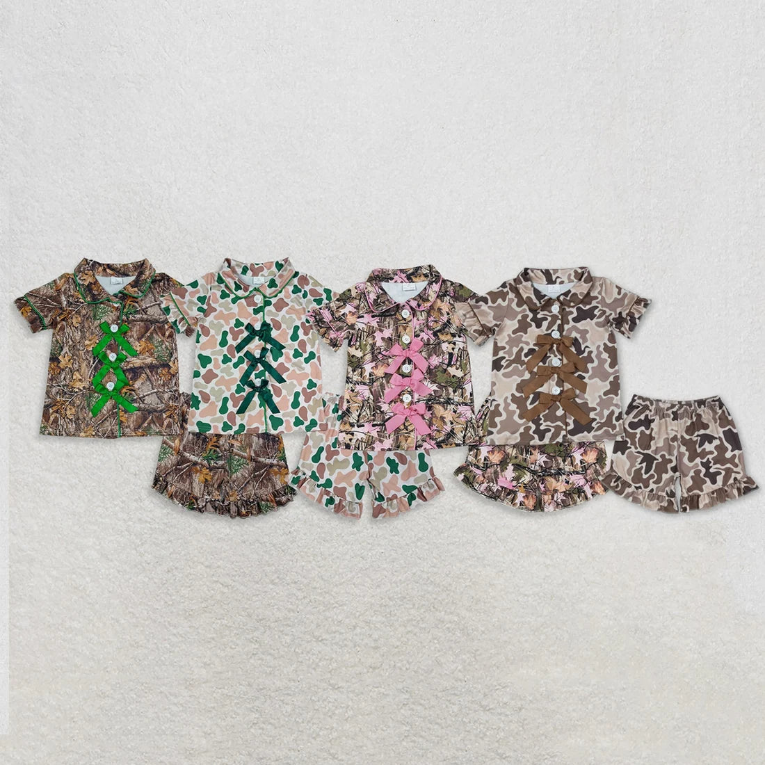 Sibling Baby Girls Short Sleeve Leaves Camo Bows Button Top Ruffle Short Pajamas Sets
