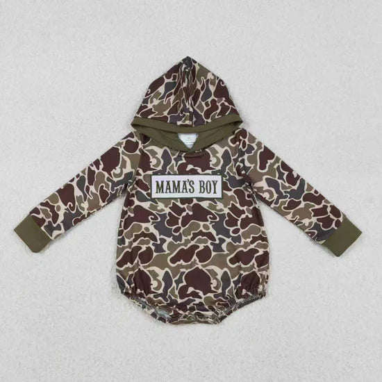 Sibling Baby Boys Embroidery Mama's Boy Dark Khaki Camo Pockets Pant Clothes Sets Hoodie Romper