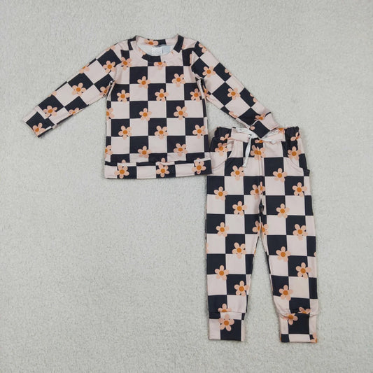 Baby Girls Pink Black Checked Flowers Top Pockets Jogger Pants Clothes Set