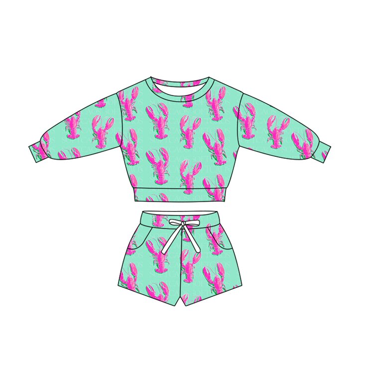 (Custom Design Preorder MOQ 5 Each) Crayfish Stripes Long Sleeve Top Pockets Shorts Girls Clothes Set Sisters Wear