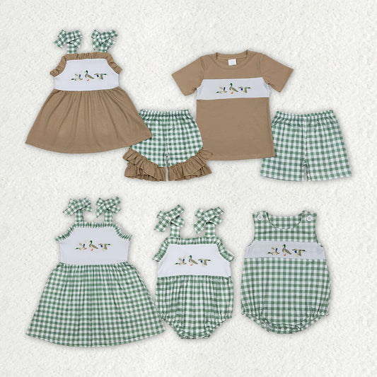 Boys Sibling Ducks Tunic Green Checkered Shorts Rompers Outfits Clothes Sets