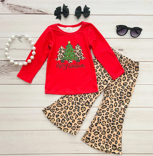 (Promotion)6 A4-19 Merry Christmas Tree Red Top Leopard Bell Pants Girls Outfits