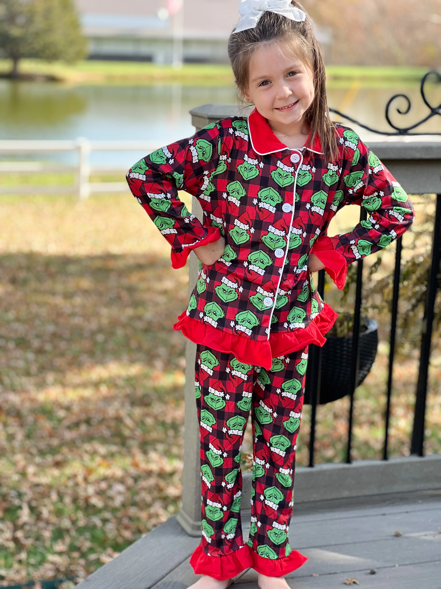 Green Frog Plaid Print Girls Buttons Christmas Pajamas Clothes Set 6 A19-15