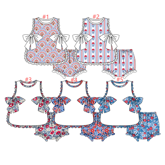 3.27(Custom Design Preorder MOQ 5 Each Item) Flowers Ruffle Sleeveless Top Shorts Girls 4th of July Bummie Set Sister Wear