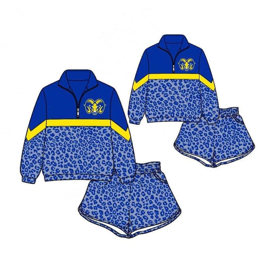 (Custom Design Preorder MOQ 5) Teams Los Angeles Rams Long Sleeve Zipper Top Leopard Shorts Mommy and Me Outfits