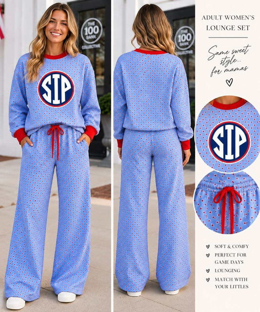 (Custom Design Preorder MOQ 5) Women Teams  Blue Red Polka Dor Long Sleeve Top with Pants Outfit