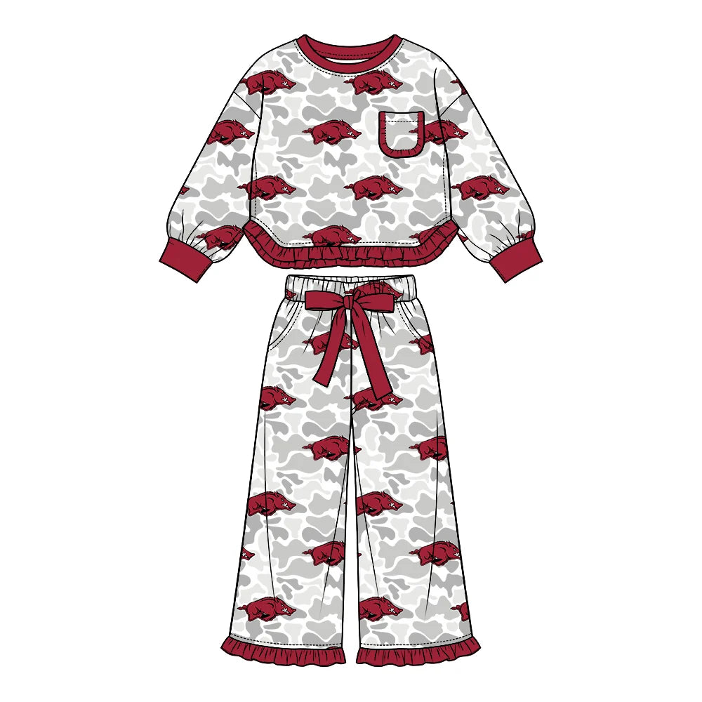 Preorder( 5  MOQ) Baby Girls Sport Team Arkansas Camo Long Sleeve Pants Outfit