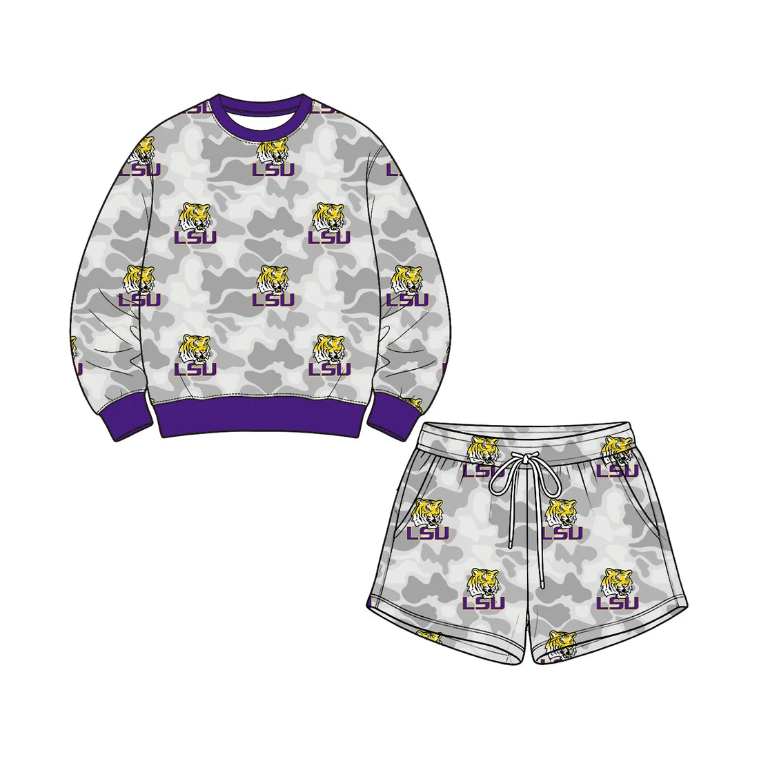 Preorder( 5  MOQ) Baby Girls Sport Team LSU Tigers Camo Long Sleeve Top Shorts Outfit